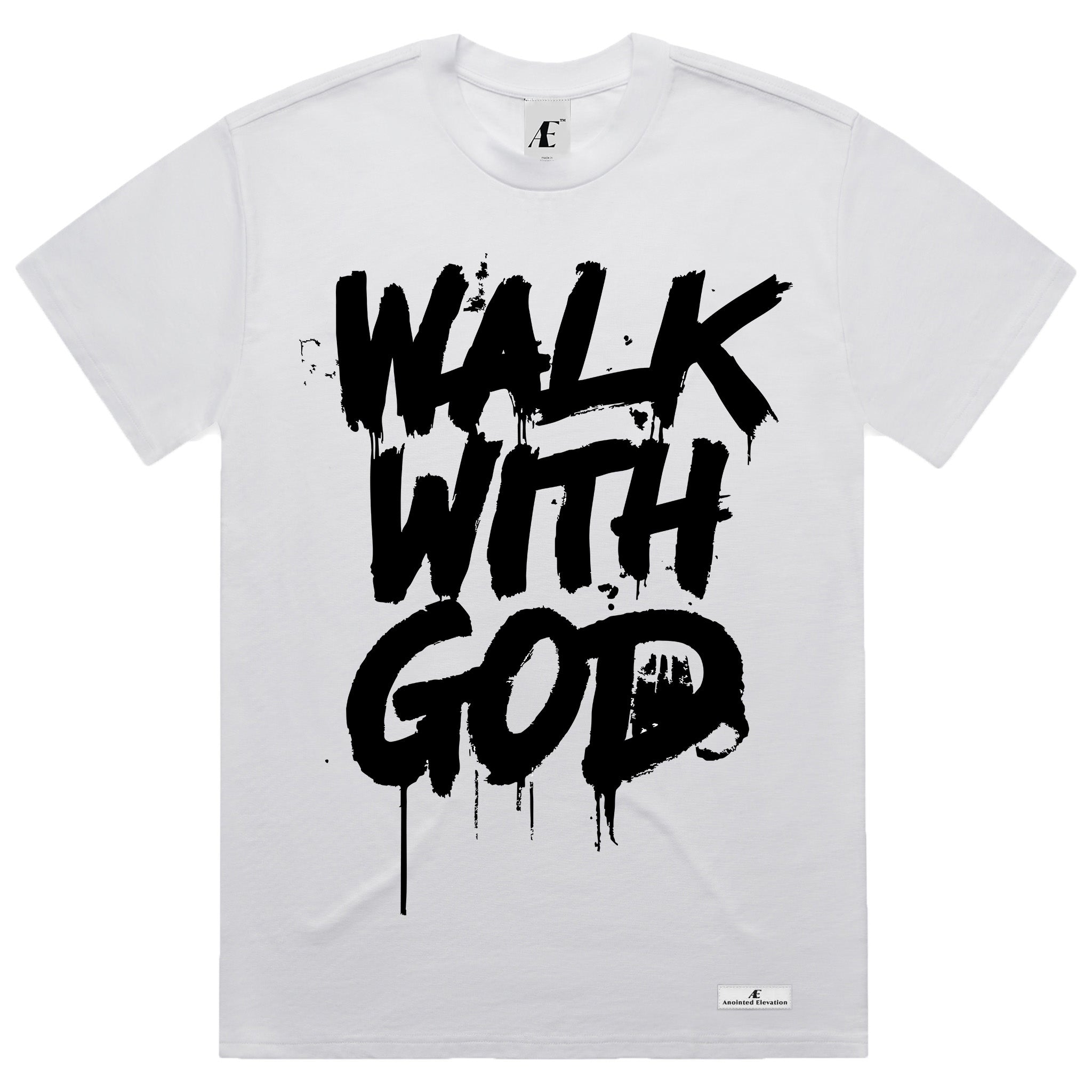 White t-shirt with 'Walk With God' text in black on a white background